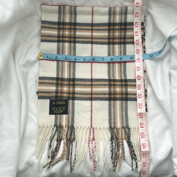 FRAAS CASHMINK Fringe Scarf Unisex Men & Women Plaid Cream Black Red Tan 11x59 - Picture 5 of 9